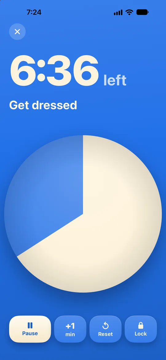 Timepie timer screen: a blue disc with 6:37 left to get dressed
